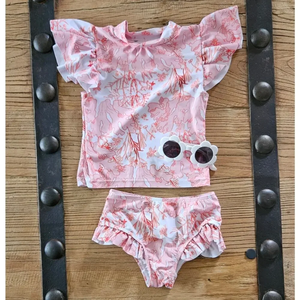 Shein 3 piece rashguard orange coral reef swimsuit sz 3Y